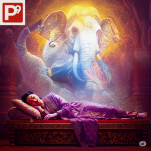 Imaginary mythological depiction of Buddhas Mother seeing white elephant in her dream
