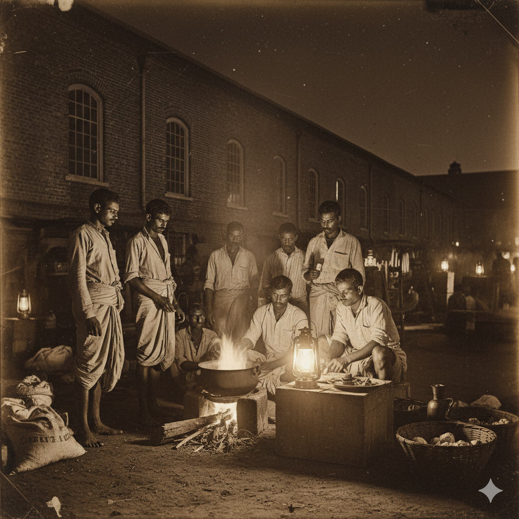 Imaginary A I generated picture of 1866 depicting Mumbai Mill workers preparing their meal at night
