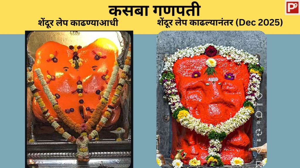 kasba_ganesh_idol_pune. Kasba Ganpati -Before and after cleaning the SHENDUR layers in 2025