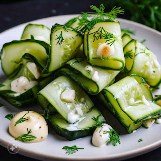 काकडीचे सॅलड Cucumber salad - Olive oil व vinegar मधे. वरून कोथिंबीर व मशरूम चे topping