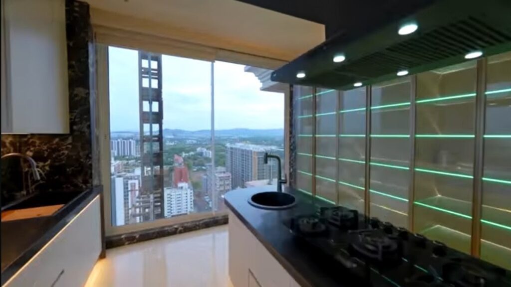 Screenshot_kitchen_interior Kitchen interior with Iland platform an wall to floor sliding glass wall