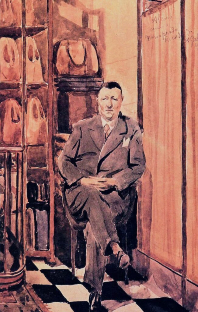 Sketch of Mario Prada Water colour sketch of Mario Prada the founder of Prada shows him sitting in his small shop