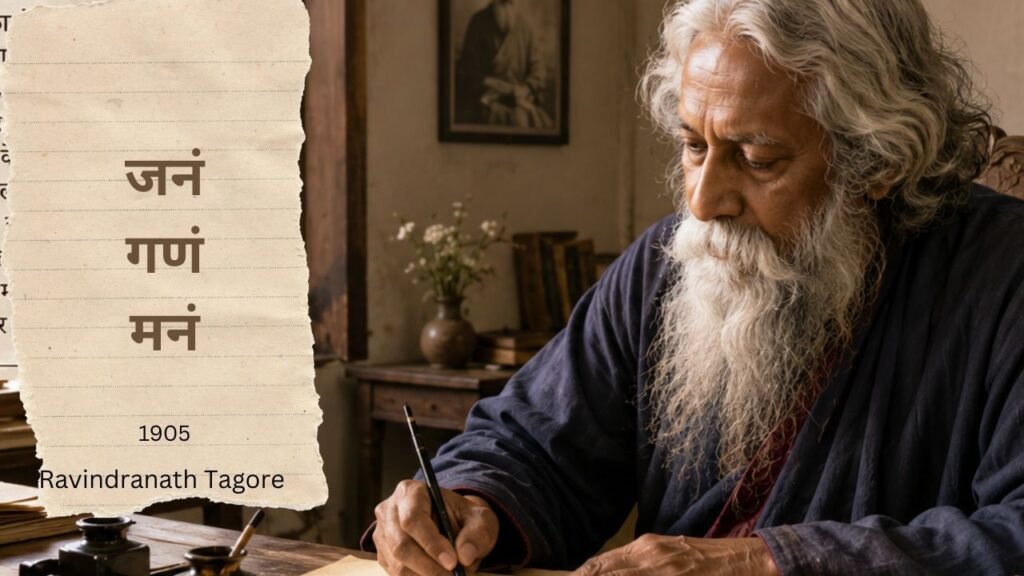 wp-indian_national_anthem_history Ravindranath Tagore writing on his desk - Imaginary AI pic