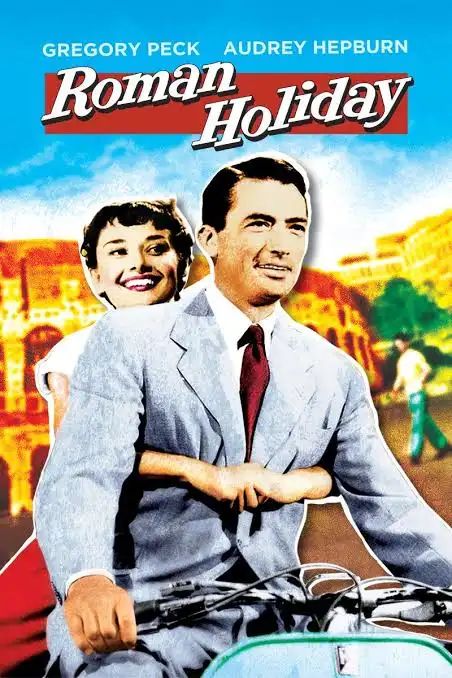 Colorised Poster of an old Hollywood film Roman Holiday . Greory Peck and Audrey Hepburn seen riding a scooter here courtesy Google