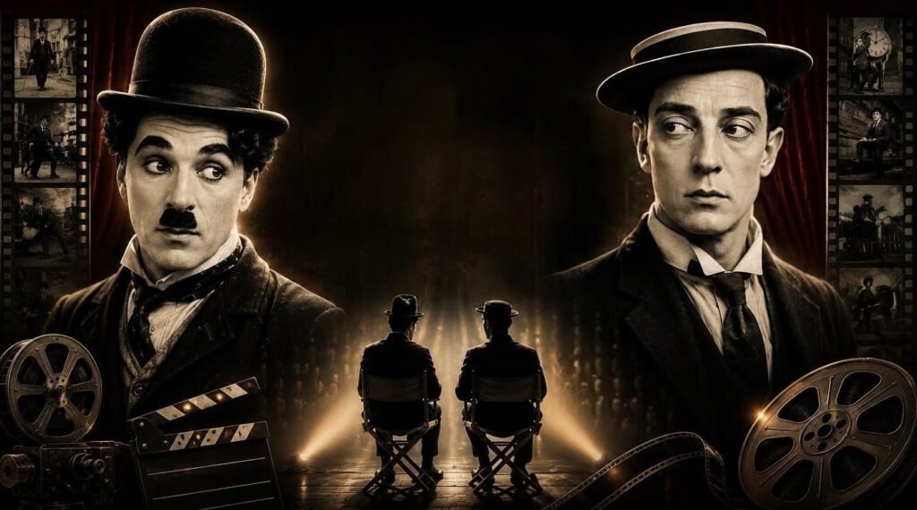 wp-charlie-chaplin-and-buster-keaton Symbolic picture of Charlie Chaplin and Buster Keaton portraying the Hollywood Era of two contemporary comic actors. Picture is made with AI