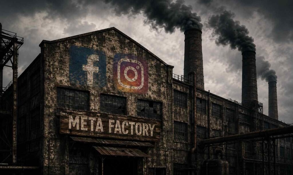 wp-meta-factory.jpg Symbolic image made with AI,which shows an old factory building with Facebook and Instagram logos painted on its merky wall while Chimnies on roof omitting black smoke