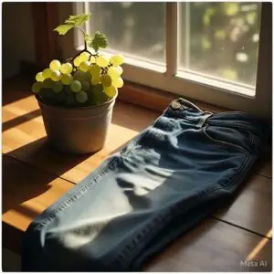 Pair of Denim jeans in wooden table at window