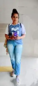 A female model wearing a Denim jeans