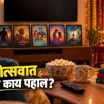Living room where Ganesh Idol is placed for the festivity. TV on the wall with movie poster frames below. Popcorn and coffee mug on the table. IMAGE has a blog caption. This Image is made with AI.