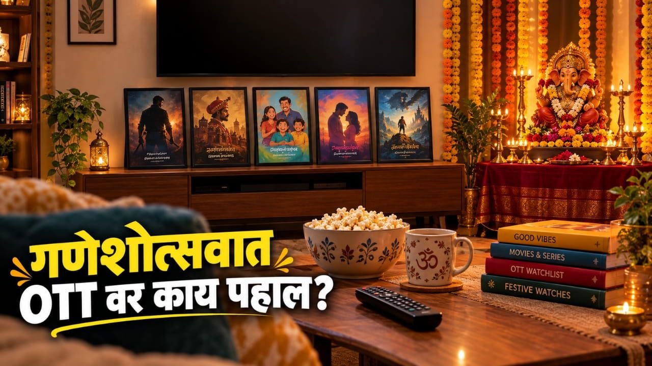 Living room where Ganesh Idol is placed for the festivity. TV on the wall with movie poster frames below. Popcorn and coffee mug on the table. IMAGE has a blog caption. This Image is made with AI.