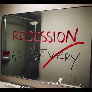 The world RECESSION is written on a washroom mirror with lipstick. The symbolic picture is made with AI for a blog about Lipstick-Index theory