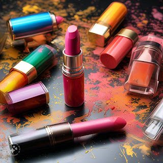Lipsticks of diffrent shades shattered on table surface. Picture made with AI