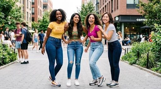 Four girls wearing fitted stretch jeans in a good laugh moment - ai generated picture