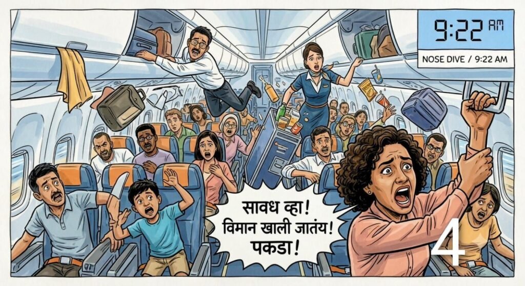 विमानात घसरण झाल्यामुळे प्रवासी व एअर होस्टेस हवेत फेकला जाणे आणि केबिनमध्ये उडालेली घबराट -AI created sketch